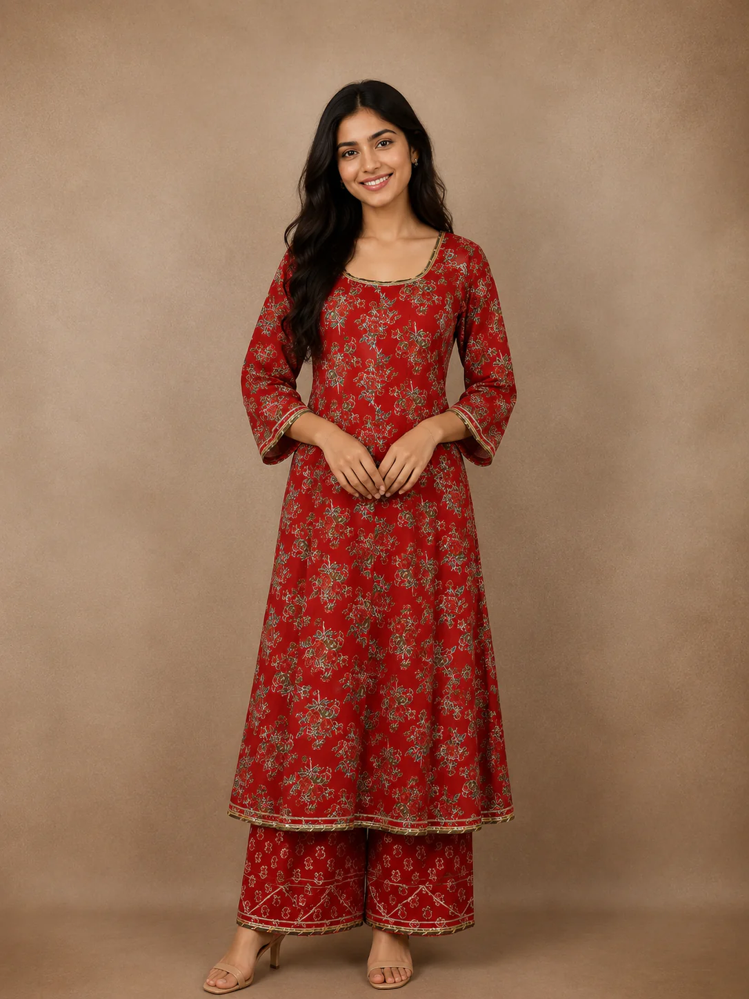 Crimson Red Floral Printed Cotton Salwar Suit